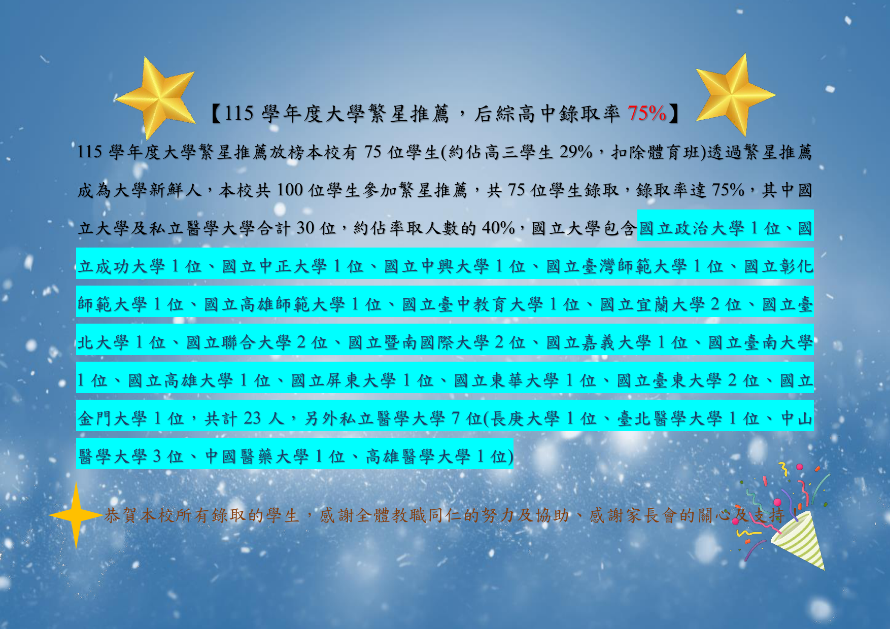 115學年度繁星推薦錄取公告