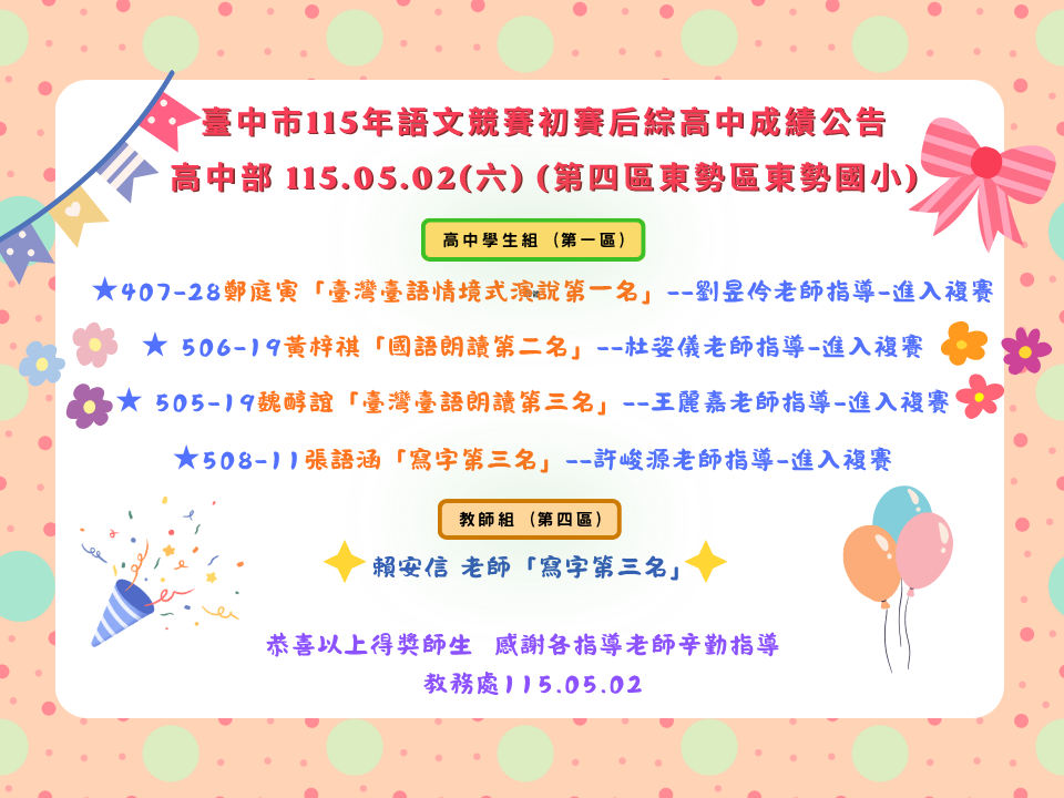 臺中市115年語文競賽初賽后綜高中-高中部成績公告